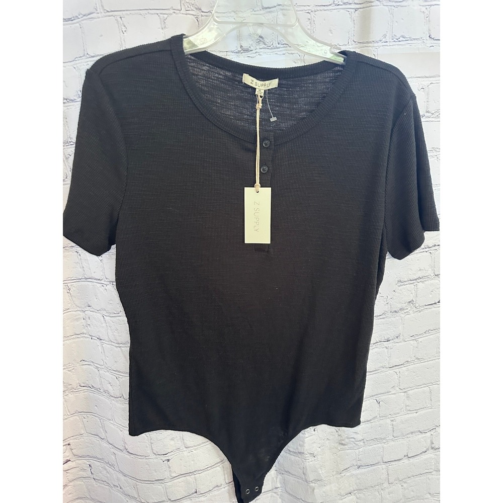 Z Supply Henley Bodysuit Ribbed Top Short Sleeve Casual Black XL